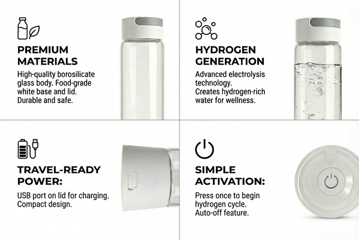 Lumeva Hydrogen generation water bottle with features listed on a white background