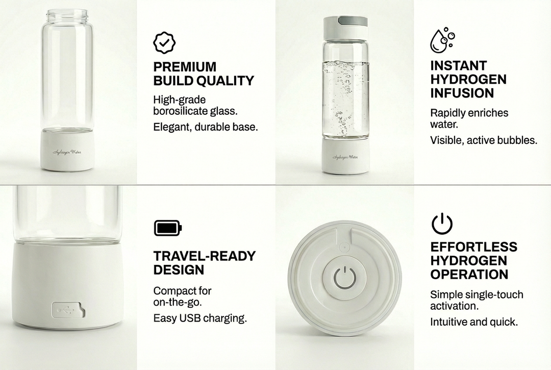 Hydrogen enrichment water bottle with features highlighted on a white background