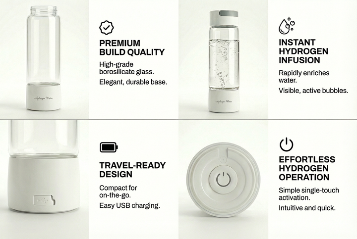 Hydrogen enrichment water bottle with features highlighted on a white background
