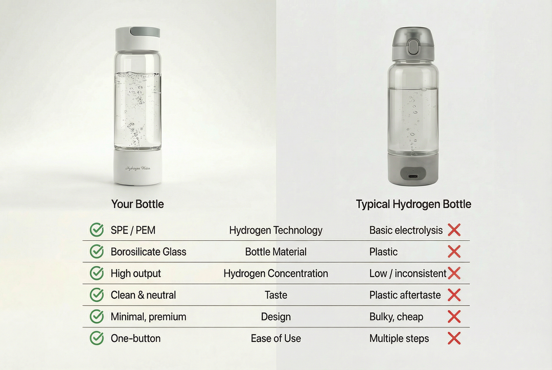 Comparison chart of Lumeva hydrogen water bottles with a clear bottle on a light gray background.