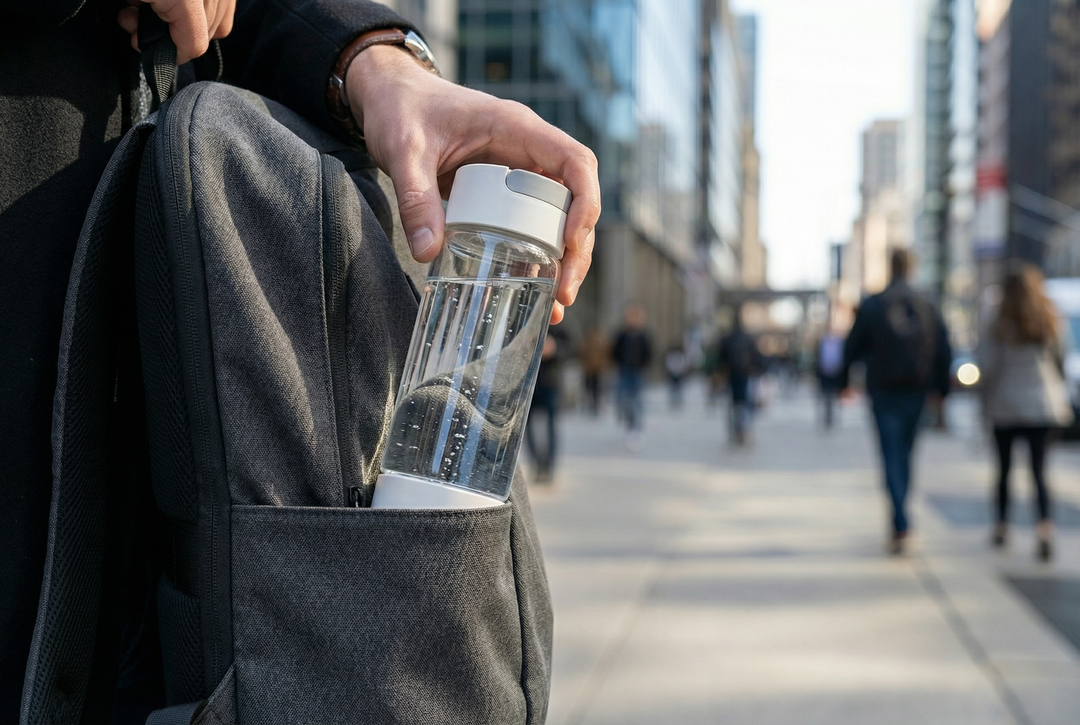 Person holding a Lumeva hydrogen water bottle on a city street with blurred pedestrians in the background
