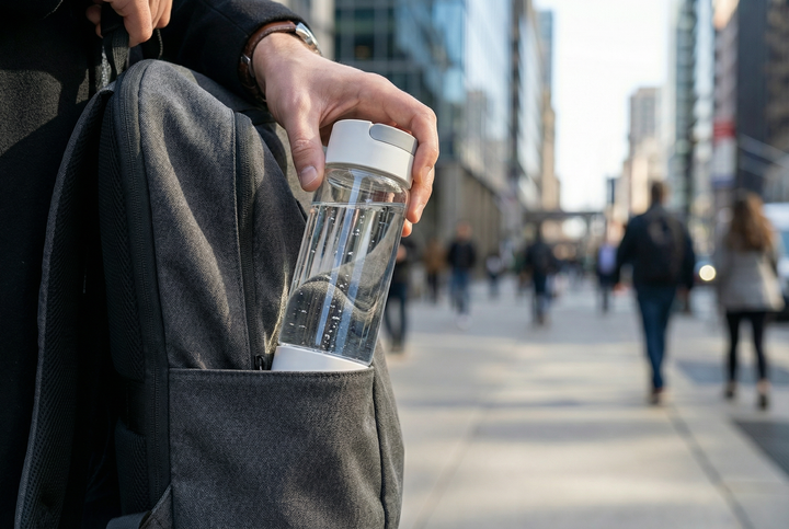 Person holding a Lumeva hydrogen water bottle on a city street with blurred pedestrians in the background