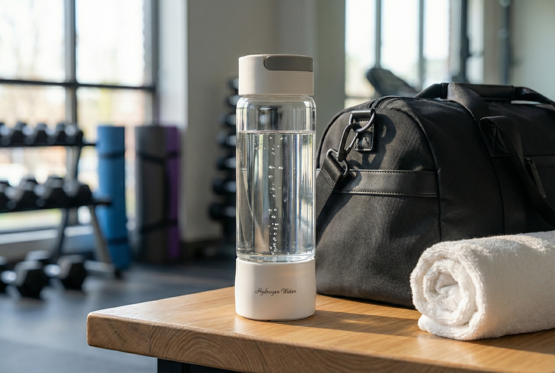 Lumeva hydrogen water bottle on a wooden surface in a gym setting