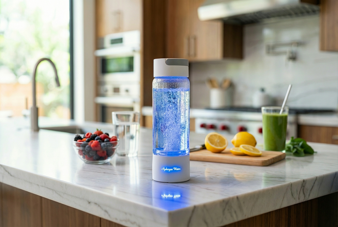 Lumeva Hydrogen water bottle on a kitchen counter with a kitchen background