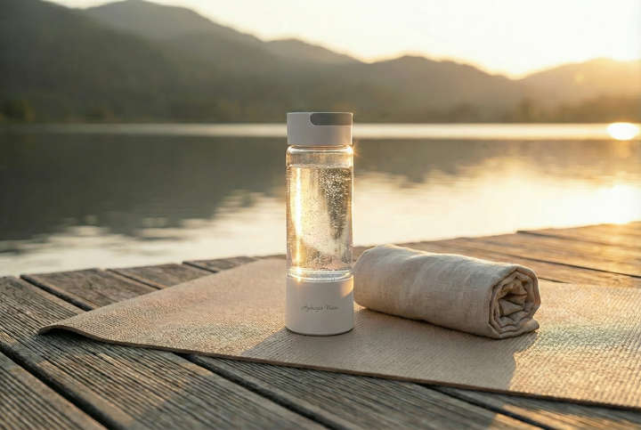 Lumeva hydrogen water bottle and rolled-up towel on a mat by a lake with mountains in the background